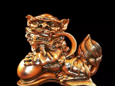 Chinese wooden lion statue 3D model