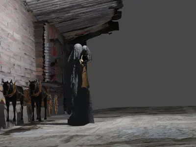 gost with lamb in hand near horse vehicle 3D model