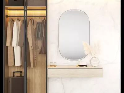 Hallway wardrobe with mirror and clothes hanging in it 3D model