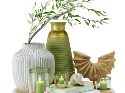 Eucalyptus Vase with Candles and Ornaments on a Tray 3D model