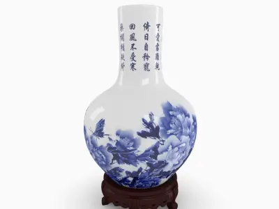 Chinese Blue and White Porcelain Vase with wood stand - Peony Low-poly 3D model