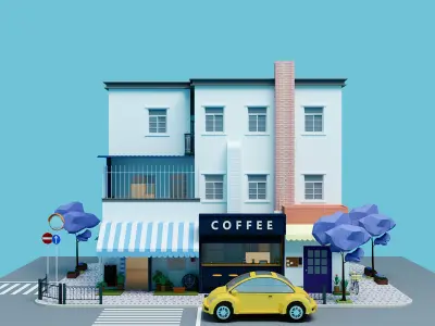 low poly coffee shop Low-poly 3D model