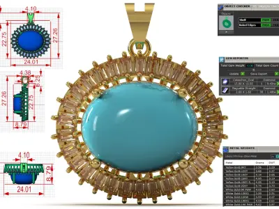 Turquoise Oval Baguette Diamond Sunburst Pendant model jp0380 3D print model