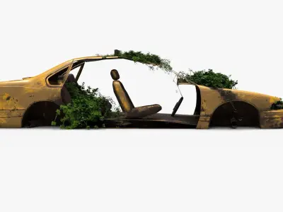 4K realistic low poly abandoned car recycle bin and rock Low-poly 3D model