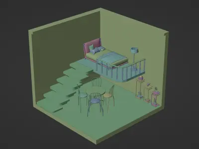 Isometric Interior Stairs Bedroom Dining Low-poly 3D model