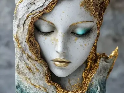 Sea Goddess Sculpture Stone Face Gold Ocean Waves 3D Low-poly 3D model