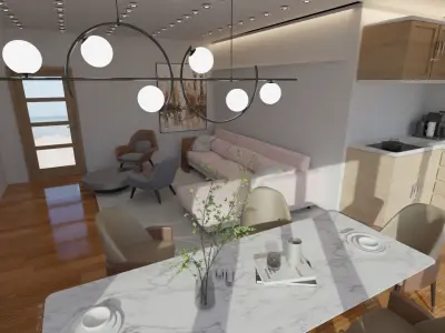 living room with smart kitchen 3D model