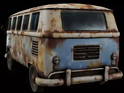 Vintage Mini Bus Rusted Retro Transport Van Game Ready PBR Low-poly 3D model