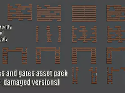 Fences and gates asset pack with damaged versions Free low-poly 3D model