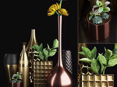 Decorative set gold vase with flower in it 3D model
