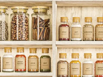 A cabinet with kitchen utensils dishes and decor 3D model