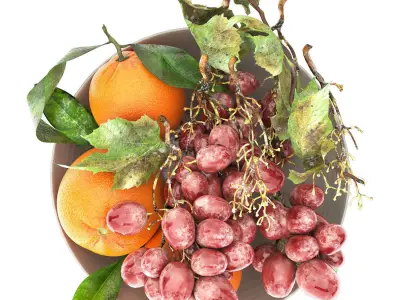 bowl of oranges and brown grapes fruit 3D model