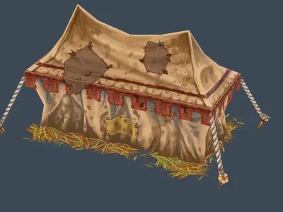 Cartoon Old Tent Awning Leather in Patches Low-poly 3D model