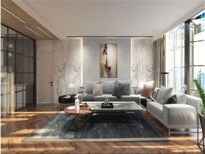 Modern Living and Dining Room 3D Model  3ds Max  VRay Ready File 3D model