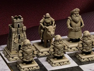 Dwarf Fantasy Chess Pieces Set of 6 - Dwarven Warriors STL 3D print model