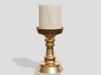Antique golden candlestick and candle  3D model