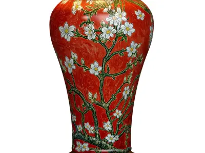 Large Oriental Painted Red Ceramic Nightstand Chinese Table Lamp 3D model