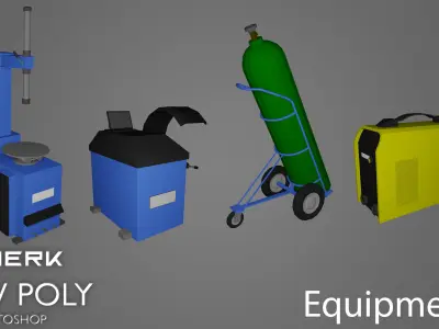 LowPoly Autoshop garage with tires and tools Low-poly 3D model