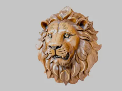 Wooden Lion Head Sculpture Low-poly 3D model