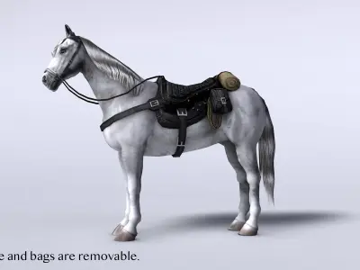 White horse with saddle and bags Low-poly 3D model