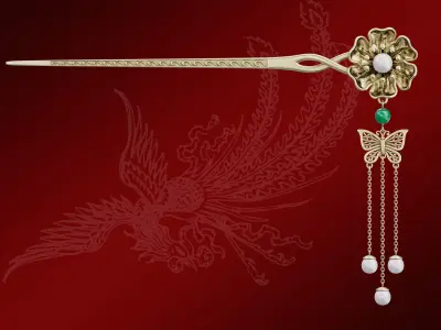 Chinese Traditional Flower Golden Hairstick-Hair Pin-Accessories Low-poly 3D model