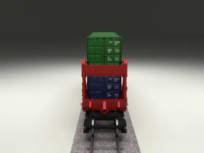 Red Train Well Car w Containers 3D model