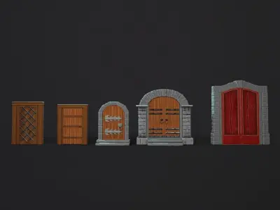 Medieval stylized doors and windows pack low poly PBR game asset Low-poly 3D model