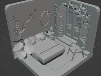 cosy burgundy bedroom Low-poly 3D model