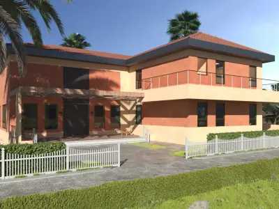 Exterior scene of rustic house on sloped landscape 3D model