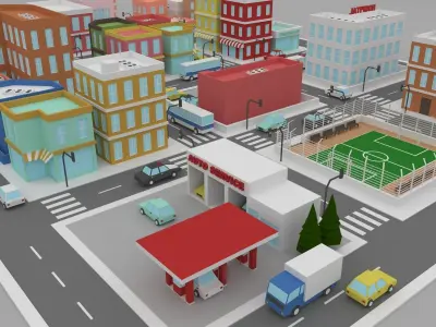 Low Poly City street with buildings and cars Low-poly 3D model