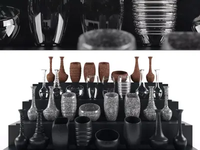 vases different and glasses on shelf 3D model