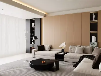 Modern Minimalist Luxury Lounge With Floating Staircase 3D model