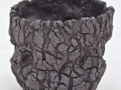 Cracked Black Ceramic Pot Textured Volcanic Rock Planter Low-poly 3D model
