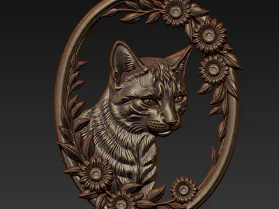 Cat Head with Flowers Border A89 3D print model