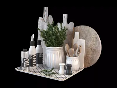 Kitchen decoration set with rosemary and cutting boards 3D model