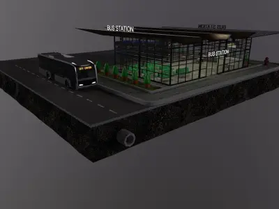 low-poly 3D PBR set City Bus station Low-poly 3D model