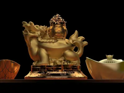 Chinese gold ingot with turtle Low-poly 3D model