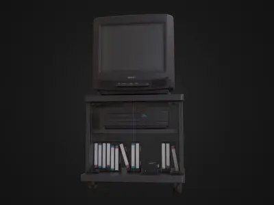 CRT Television with TV stand VCR player and VHS tapes Low-poly 3D model