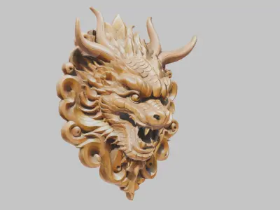 carved wooden dragon head bust Low-poly 3D model