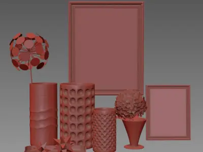 set1137 gold vases and flowers on table 3D model