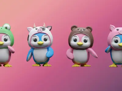 Cartoon penguins in animal costumes Low-poly 3D model