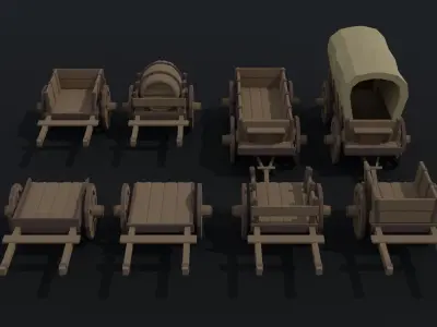 Cartoon medieval carts Polygonal Style Low-poly 3D model