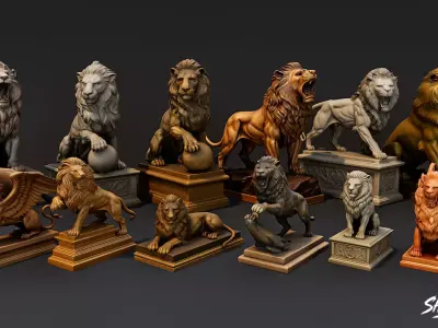 Lion Statues Pack Low-poly 3D model