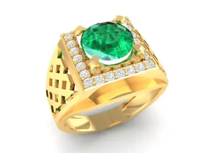 Luxury Mens Signet Ring with Emerald and Diamond Halo Jewel  392 3D print model