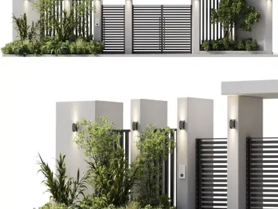 Door outdoor entrance and fence and graden 06 Low-poly 3D model