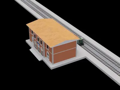 Railway station and diesel locomotive 3D models Low-poly 3D model