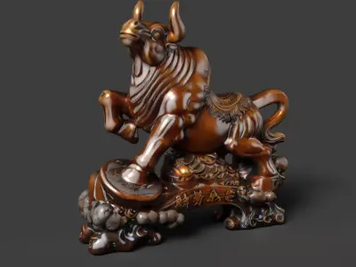 Chinese wooden ox figure  Low-poly 3D model