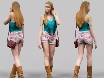 Casual girl in Boots Color full Shorts and green top Walking 3D model