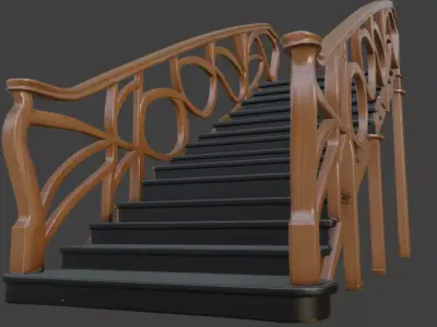 Art Nouveau Wooden Staircase Ornate Curved Railings PBR 3D Model 3D model