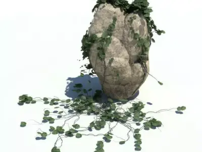 Granite Rock With Green Leafs And Blue Flower 3D model